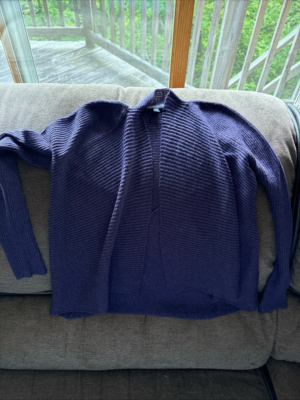 Eileen Fisher PP Open Front Knit Lightweight Purple Cardigan 100% Wool Sheer
